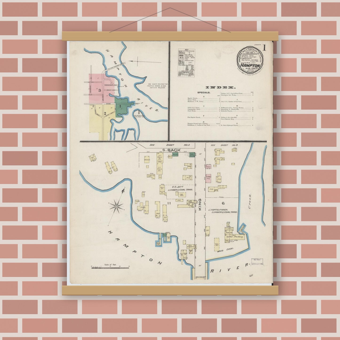 Old map wall art mockup — magnetic wood frame on brick wall — Sanborn Fire Insurance Map from Hampton, Independent Cities, Virginia (1885), Sheet #0001