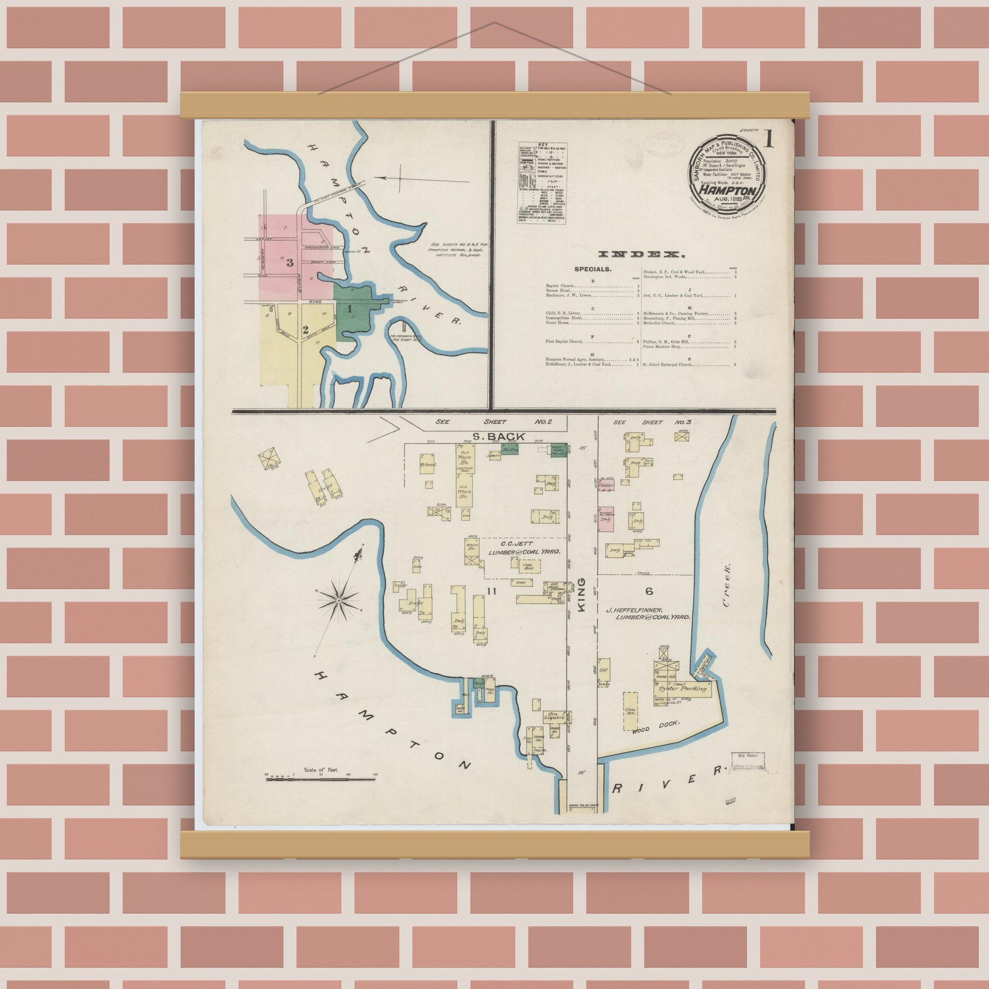 Old map wall art mockup — magnetic wood frame on brick wall — Sanborn Fire Insurance Map from Hampton, Independent Cities, Virginia (1885), Sheet #0001