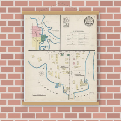 Old map wall art mockup — magnetic wood frame on brick wall — Sanborn Fire Insurance Map from Hampton, Independent Cities, Virginia (1885), Sheet #0001