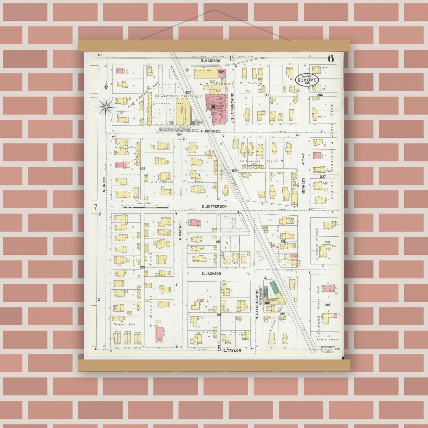 Old map wall art mockup — magnetic wood frame on brick wall — Sanborn Fire Insurance Map from Kokomo, Howard County, Indiana (1902), Sheet #0006