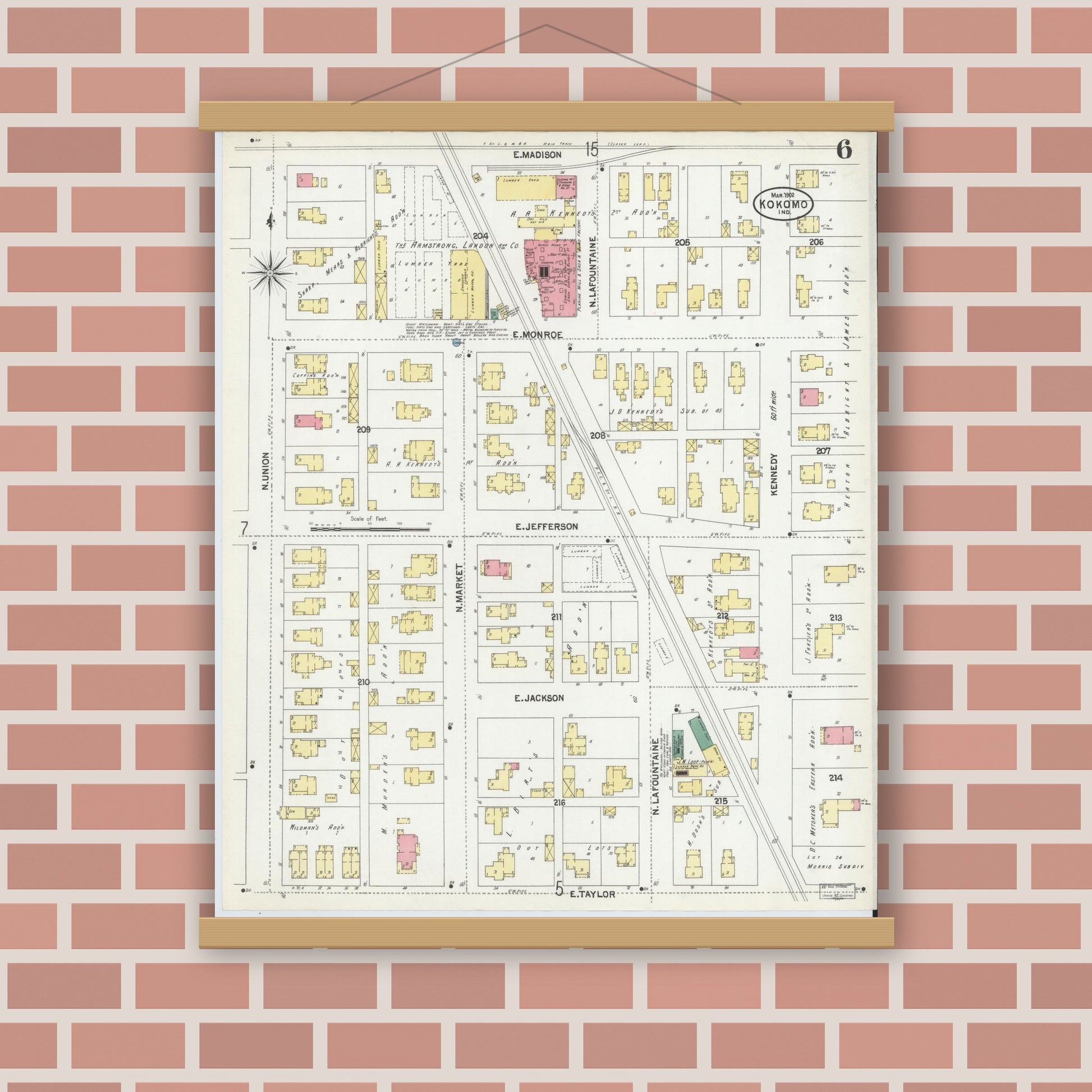 Old map wall art mockup — magnetic wood frame on brick wall — Sanborn Fire Insurance Map from Kokomo, Howard County, Indiana (1902), Sheet #0006
