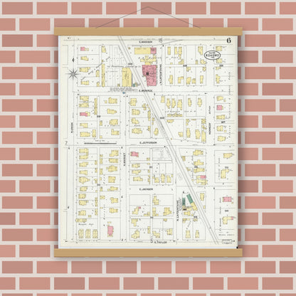 Old map wall art mockup — magnetic wood frame on brick wall — Sanborn Fire Insurance Map from Kokomo, Howard County, Indiana (1902), Sheet #0006