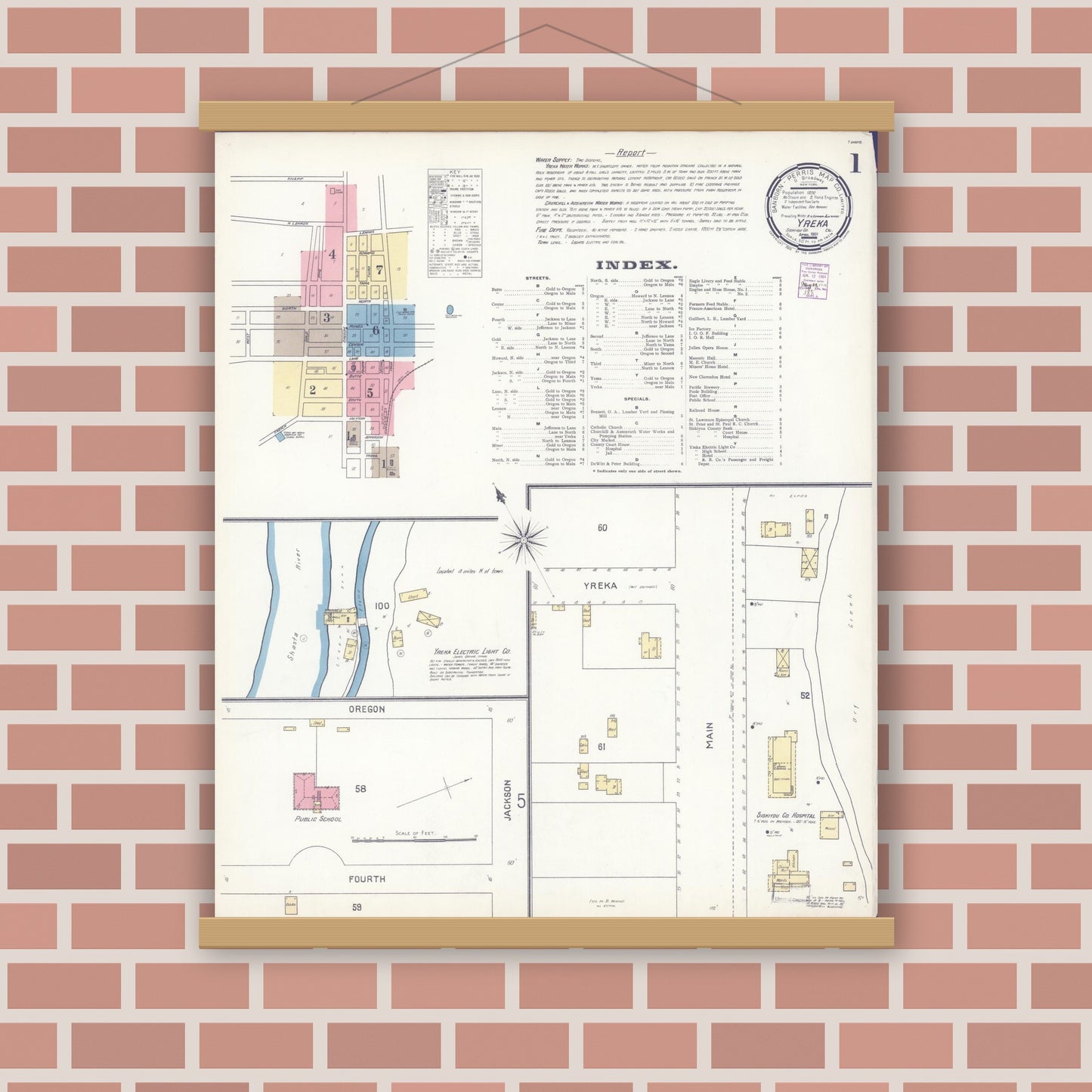 Old map wall art mockup — magnetic wood frame on brick wall — Sanborn Fire Insurance Map from Yreka, Siskiyou County, California (1901) - Complete Map Set