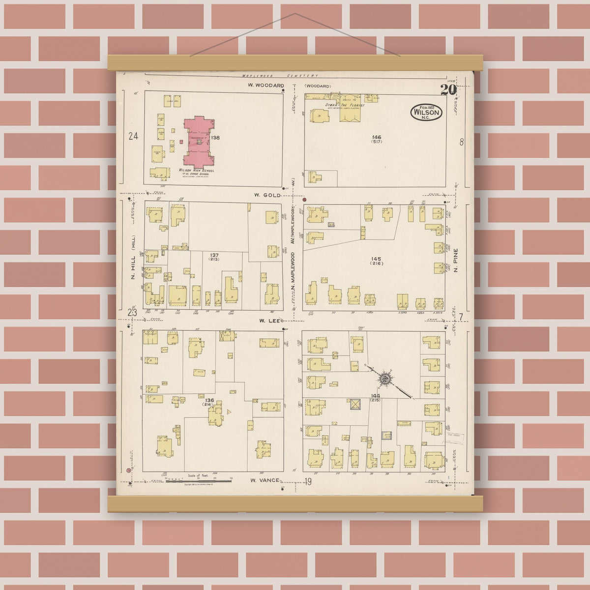Old map wall art mockup — magnetic wood frame on brick wall — Sanborn Fire Insurance Map from Wilson, Wilson County, North Carolina (1922), Sheet #0020