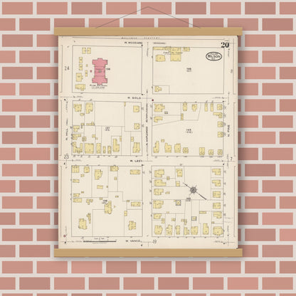 Old map wall art mockup — magnetic wood frame on brick wall — Sanborn Fire Insurance Map from Wilson, Wilson County, North Carolina (1922), Sheet #0020