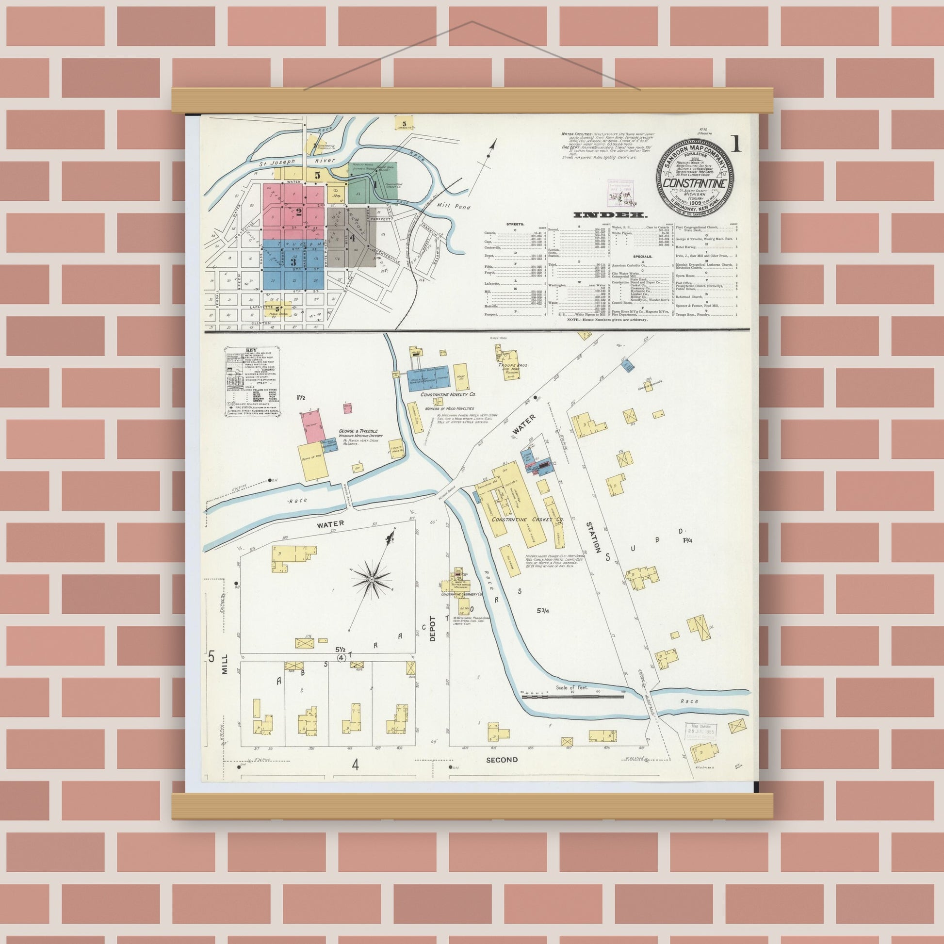 Old map wall art mockup — magnetic wood frame on brick wall — Sanborn Fire Insurance Map from Constantine, Saint Joseph County, Michigan (1909), Sheet #0001