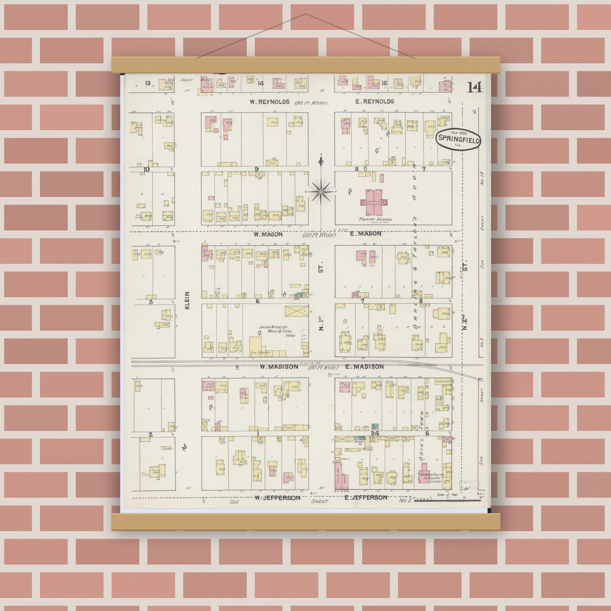 Old map wall art mockup — magnetic wood frame on brick wall — Sanborn Fire Insurance Map from Springfield, Sangamon County, Illinois (1890), Sheet #0014
