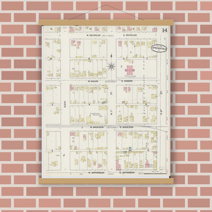 Old map wall art mockup — magnetic wood frame on brick wall — Sanborn Fire Insurance Map from Springfield, Sangamon County, Illinois (1890), Sheet #0014