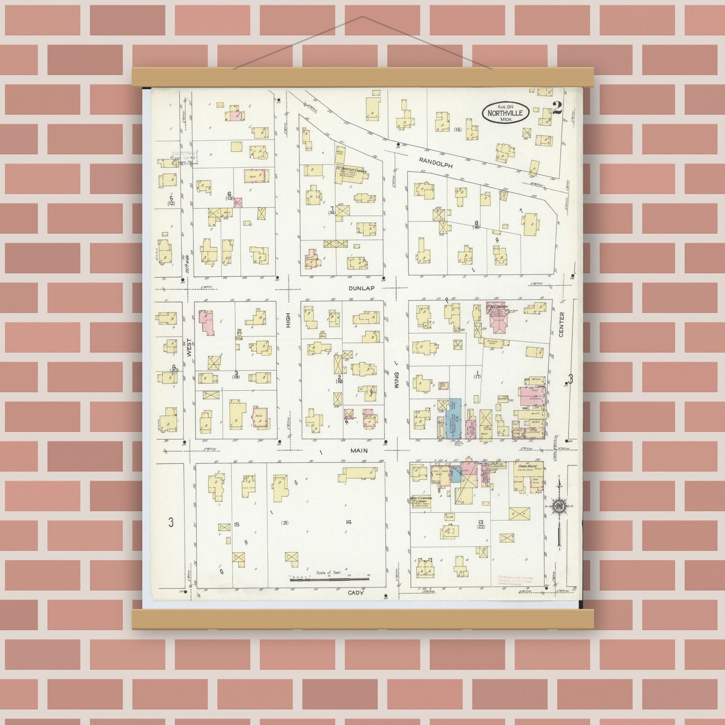 Old map wall art mockup — magnetic wood frame on brick wall — Sanborn Fire Insurance Map from Northville, Wayne County, Michigan (1914), Sheet #0002