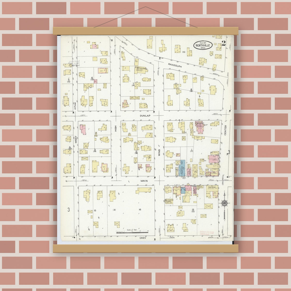 Old map wall art mockup — magnetic wood frame on brick wall — Sanborn Fire Insurance Map from Northville, Wayne County, Michigan (1914), Sheet #0002