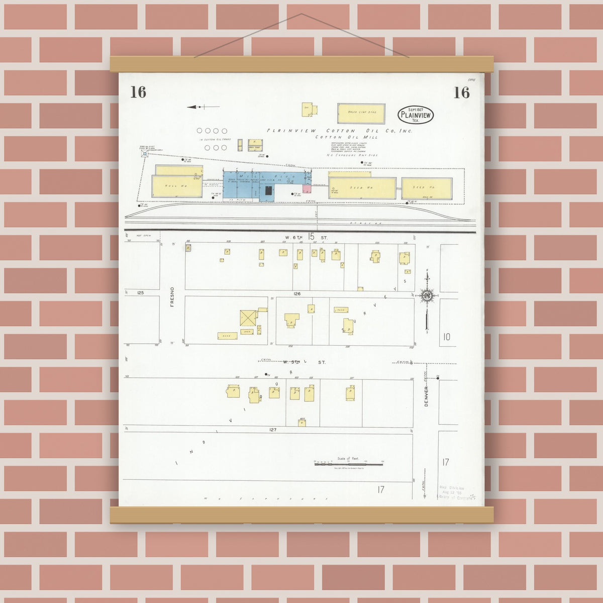 Old map wall art mockup — magnetic wood frame on brick wall — Sanborn Fire Insurance Map from Plainview, Hale County, Texas (1927), Sheet #0016