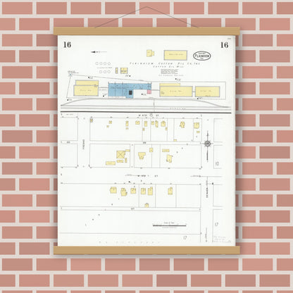 Old map wall art mockup — magnetic wood frame on brick wall — Sanborn Fire Insurance Map from Plainview, Hale County, Texas (1927), Sheet #0016