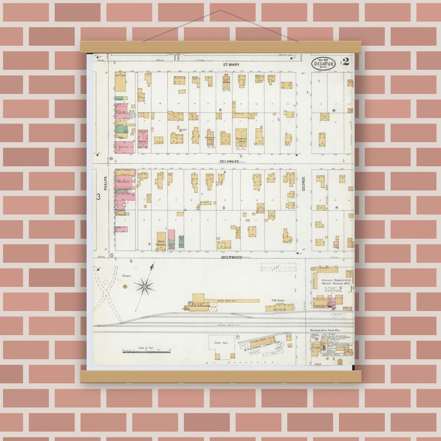 Old map wall art mockup — magnetic wood frame on brick wall — Sanborn Fire Insurance Map from Decatur, Van Buren County, Michigan (1899), Sheet #0002