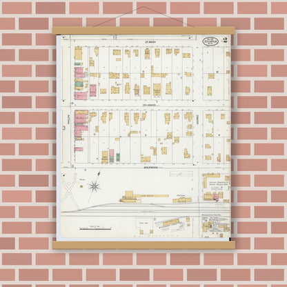 Old map wall art mockup — magnetic wood frame on brick wall — Sanborn Fire Insurance Map from Decatur, Van Buren County, Michigan (1899), Sheet #0002