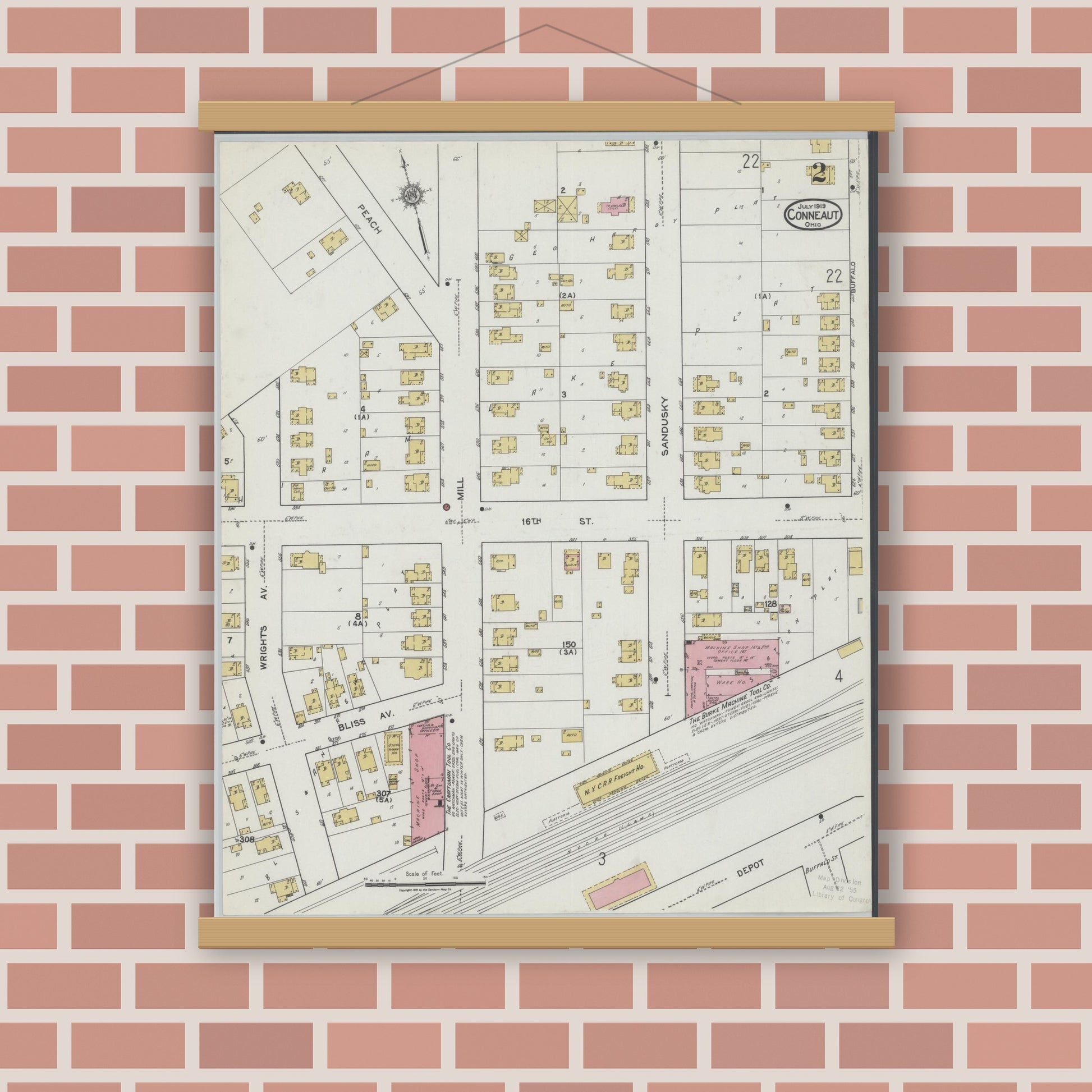 Old map wall art mockup — magnetic wood frame on brick wall — Sanborn Fire Insurance Map from Conneaut, Ashtabula County, Ohio (1919), Sheet #0002