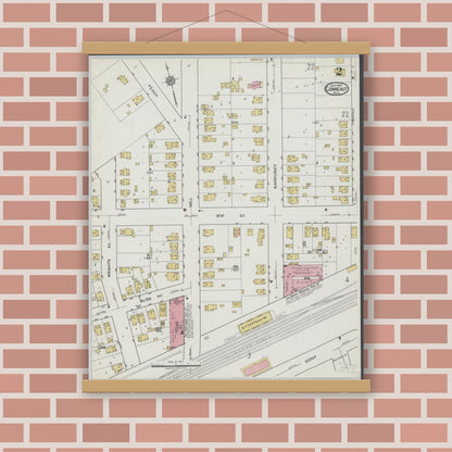Old map wall art mockup — magnetic wood frame on brick wall — Sanborn Fire Insurance Map from Conneaut, Ashtabula County, Ohio (1919), Sheet #0002