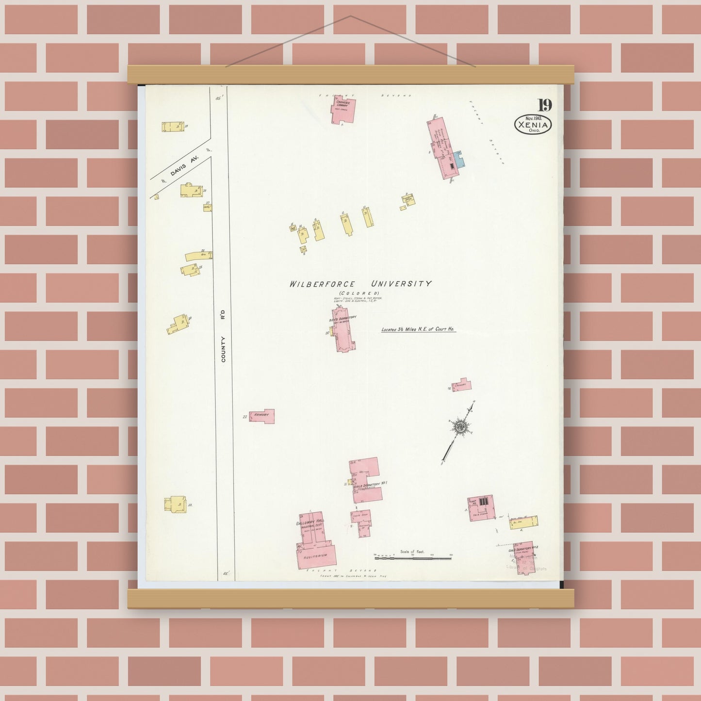 Old map wall art mockup — magnetic wood frame on brick wall — Sanborn Fire Insurance Map from Xenia, Greene County, Ohio (1910), Sheet #0019