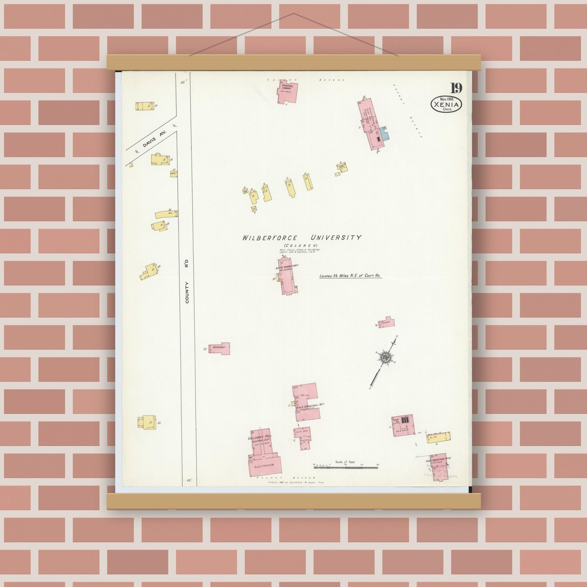Old map wall art mockup — magnetic wood frame on brick wall — Sanborn Fire Insurance Map from Xenia, Greene County, Ohio (1910), Sheet #0019
