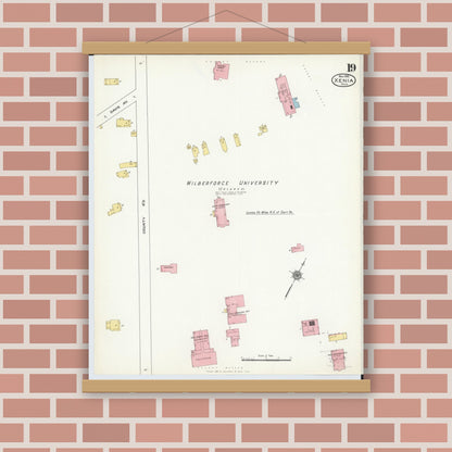 Old map wall art mockup — magnetic wood frame on brick wall — Sanborn Fire Insurance Map from Xenia, Greene County, Ohio (1910), Sheet #0019