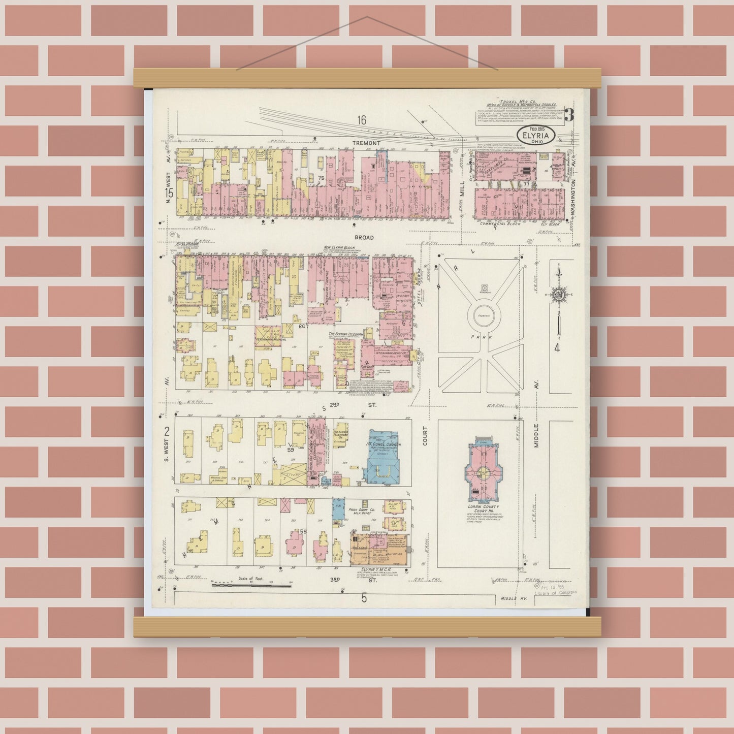 Old map wall art mockup — magnetic wood frame on brick wall — Sanborn Fire Insurance Map from Elyria, Lorain County, Ohio (1915), Sheet #0003