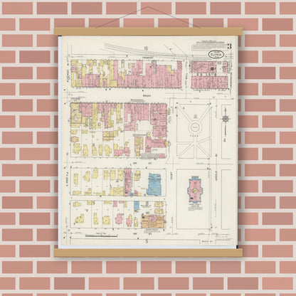 Old map wall art mockup — magnetic wood frame on brick wall — Sanborn Fire Insurance Map from Elyria, Lorain County, Ohio (1915), Sheet #0003