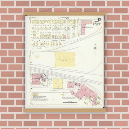 Old map wall art mockup — magnetic wood frame on brick wall — Sanborn Fire Insurance Map from Fostoria, Seneca, Hancock, And Wood Counties, Ohio (1914), Sheet #0015