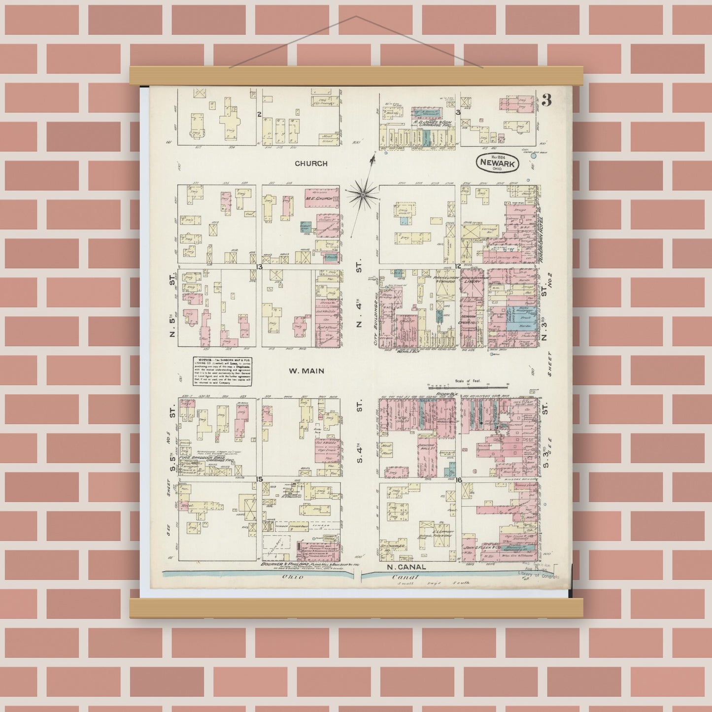 Old map wall art mockup — magnetic wood frame on brick wall — Sanborn Fire Insurance Map from Newark, Licking County, Ohio (1884), Sheet #0003