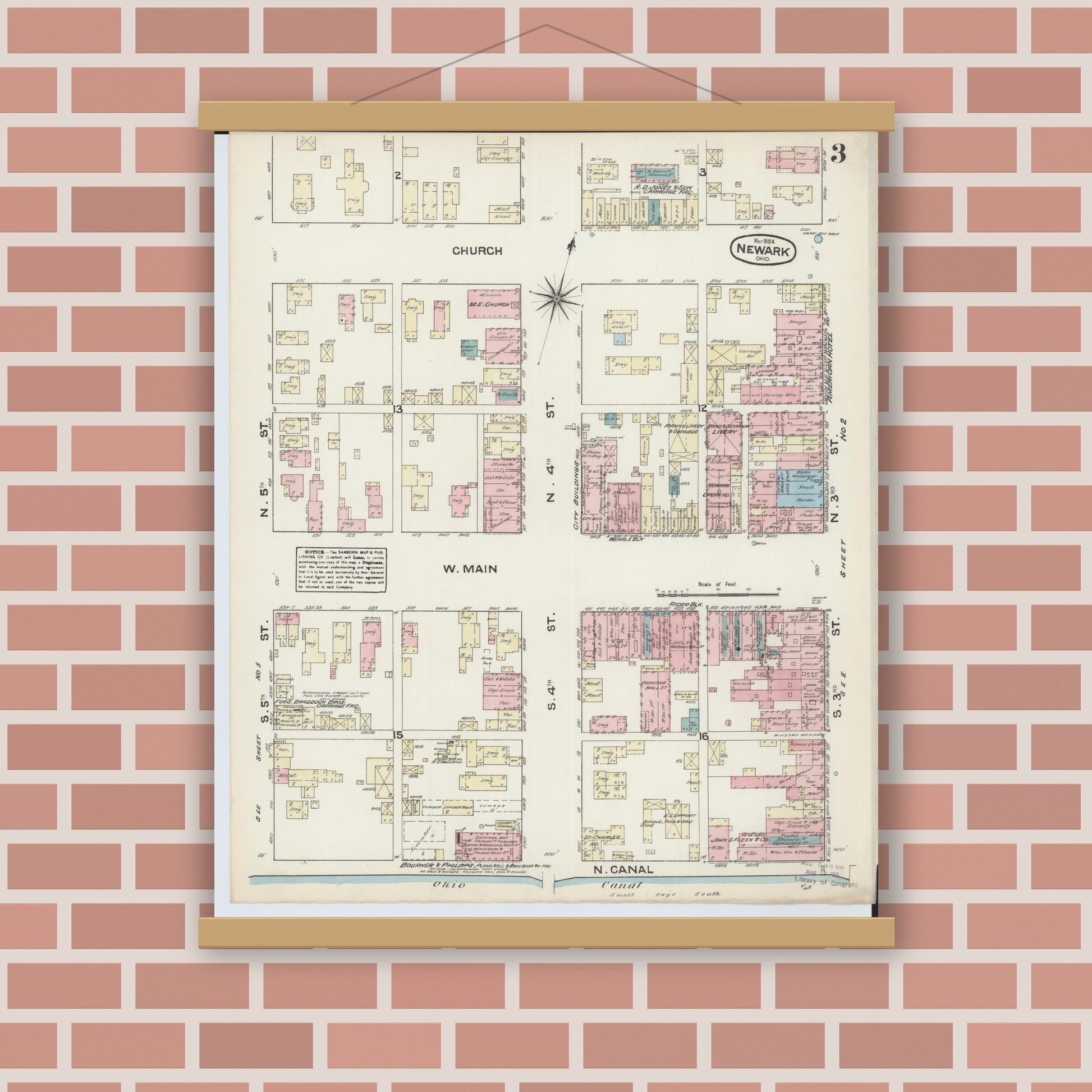 Old map wall art mockup — magnetic wood frame on brick wall — Sanborn Fire Insurance Map from Newark, Licking County, Ohio (1884), Sheet #0003