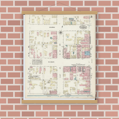 Old map wall art mockup — magnetic wood frame on brick wall — Sanborn Fire Insurance Map from Newark, Licking County, Ohio (1884), Sheet #0003