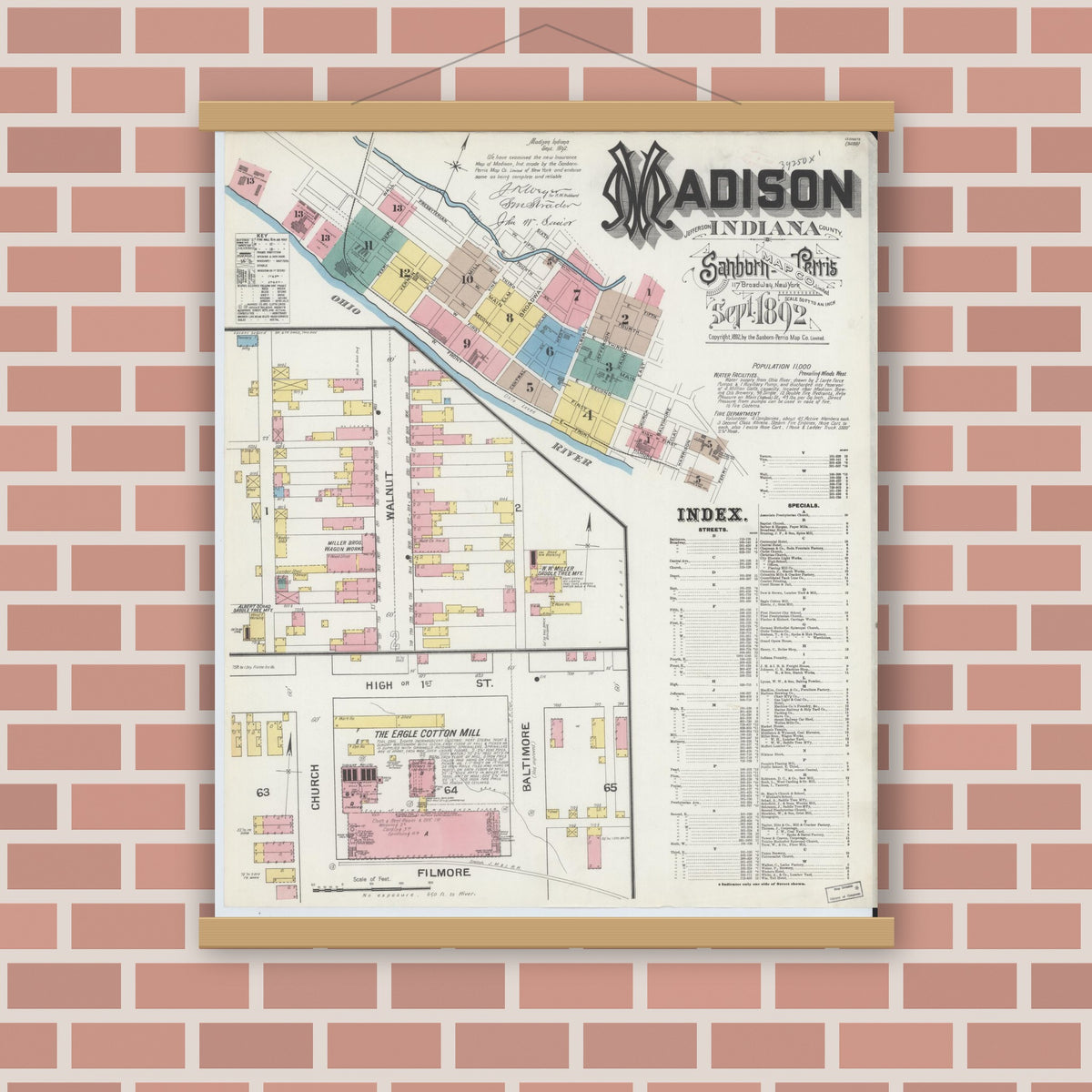 Old map wall art mockup — magnetic wood frame on brick wall — Sanborn Fire Insurance Map from Madison, Jefferson County, Indiana (1892) - Complete Map Set