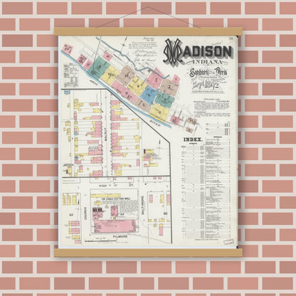 Old map wall art mockup — magnetic wood frame on brick wall — Sanborn Fire Insurance Map from Madison, Jefferson County, Indiana (1892) - Complete Map Set