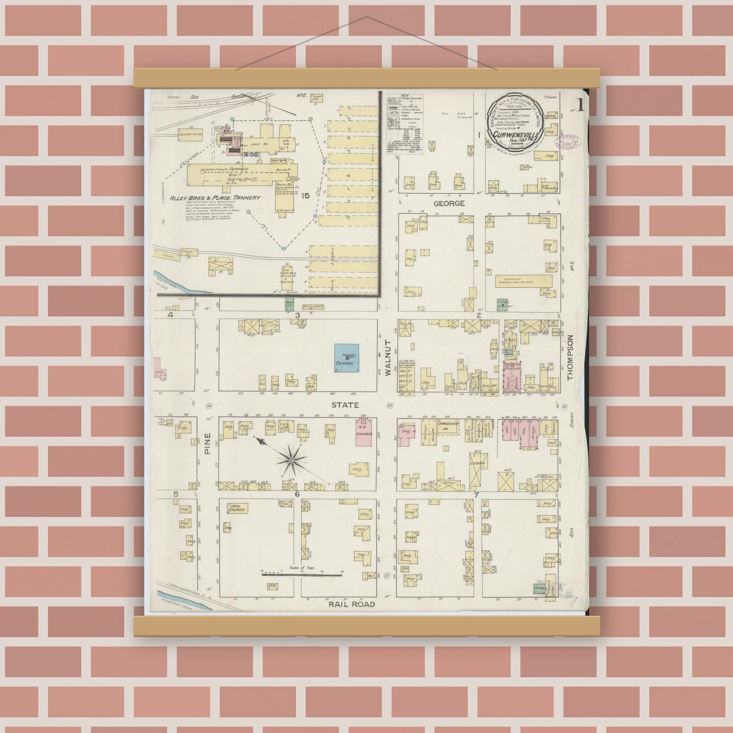Old map wall art mockup — magnetic wood frame on brick wall — Sanborn Fire Insurance Map from Curwensville, Clearfield County, Pennsylvania (1887) - Complete Map Set