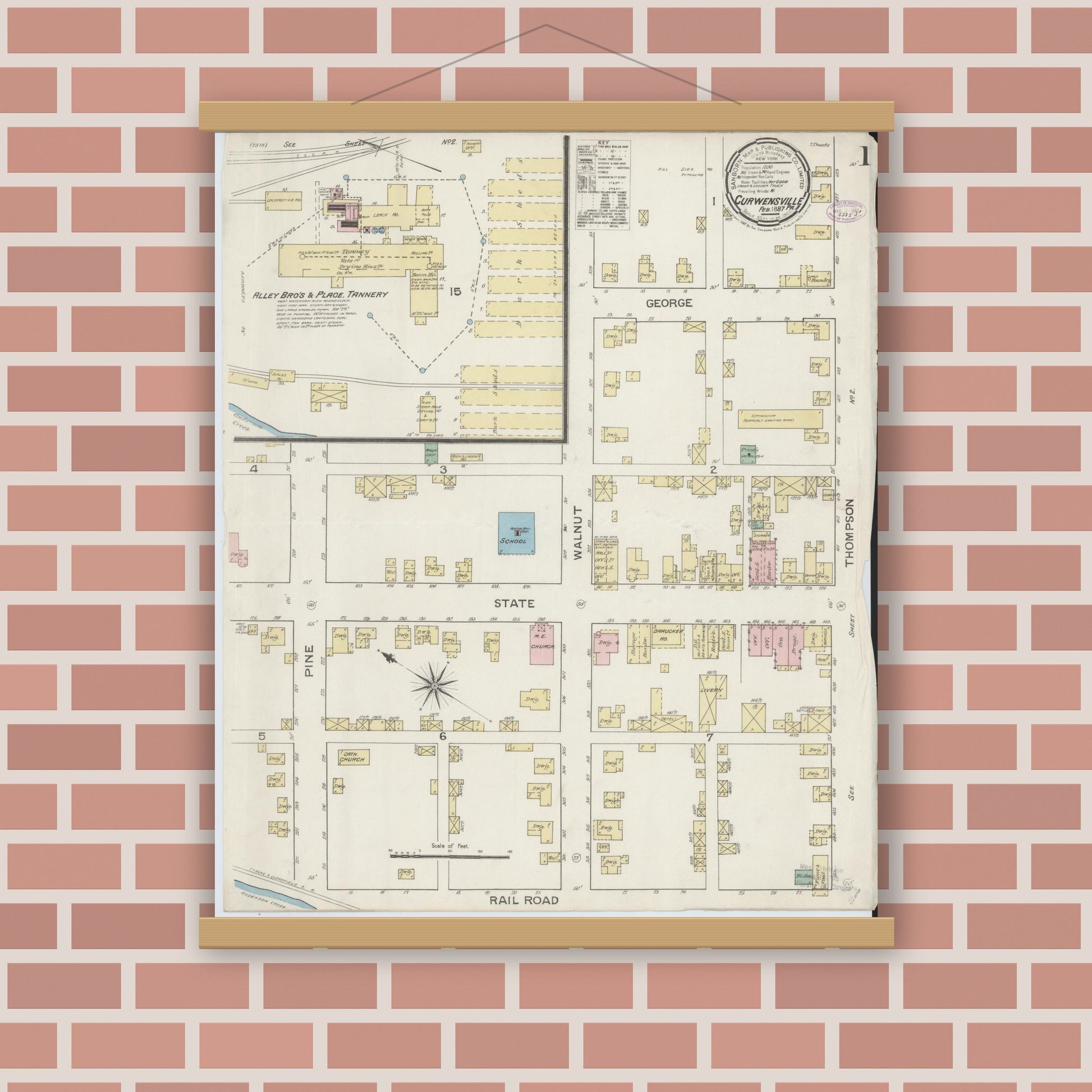 Old map wall art mockup — magnetic wood frame on brick wall — Sanborn Fire Insurance Map from Curwensville, Clearfield County, Pennsylvania (1887) - Complete Map Set