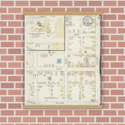 Old map wall art mockup — magnetic wood frame on brick wall — Sanborn Fire Insurance Map from Curwensville, Clearfield County, Pennsylvania (1887) - Complete Map Set