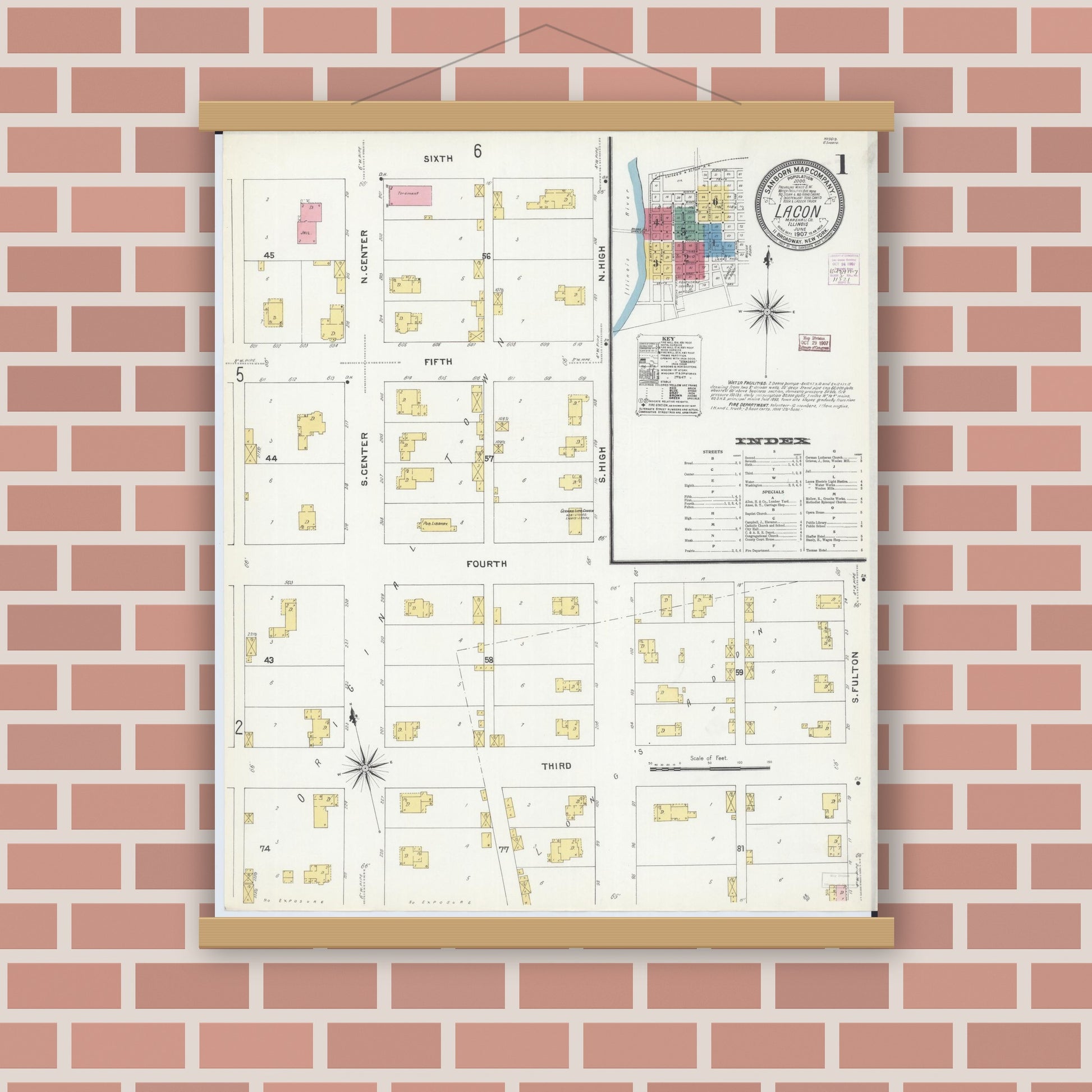 Old map wall art mockup — magnetic wood frame on brick wall — Sanborn Fire Insurance Map from Lacon, Marshall County, Illinois (1907), Sheet #0001