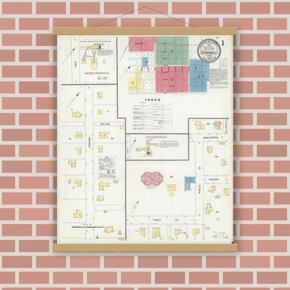 Old map wall art mockup — magnetic wood frame on brick wall — Sanborn Fire Insurance Map from Stephenville, Erath County, Texas (1907) - Complete Map Set
