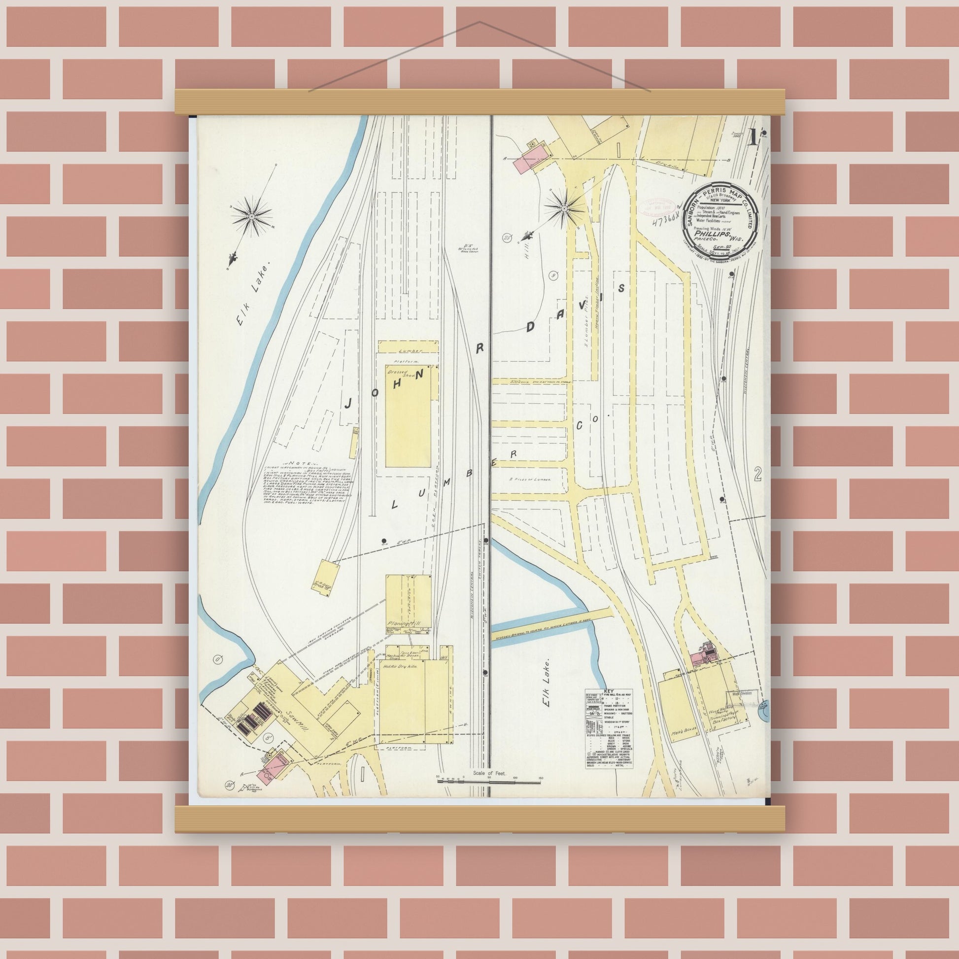 Old map wall art mockup — magnetic wood frame on brick wall — Sanborn Fire Insurance Map from Phillips, Price County, Wisconsin (1892) - Complete Map Set