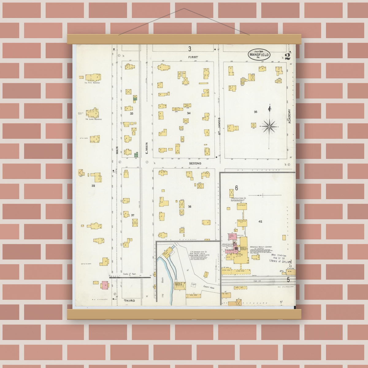 Old map wall art mockup — magnetic wood frame on brick wall — Sanborn Fire Insurance Map from Mansfield, Tioga County, Pennsylvania (1904), Sheet #0002