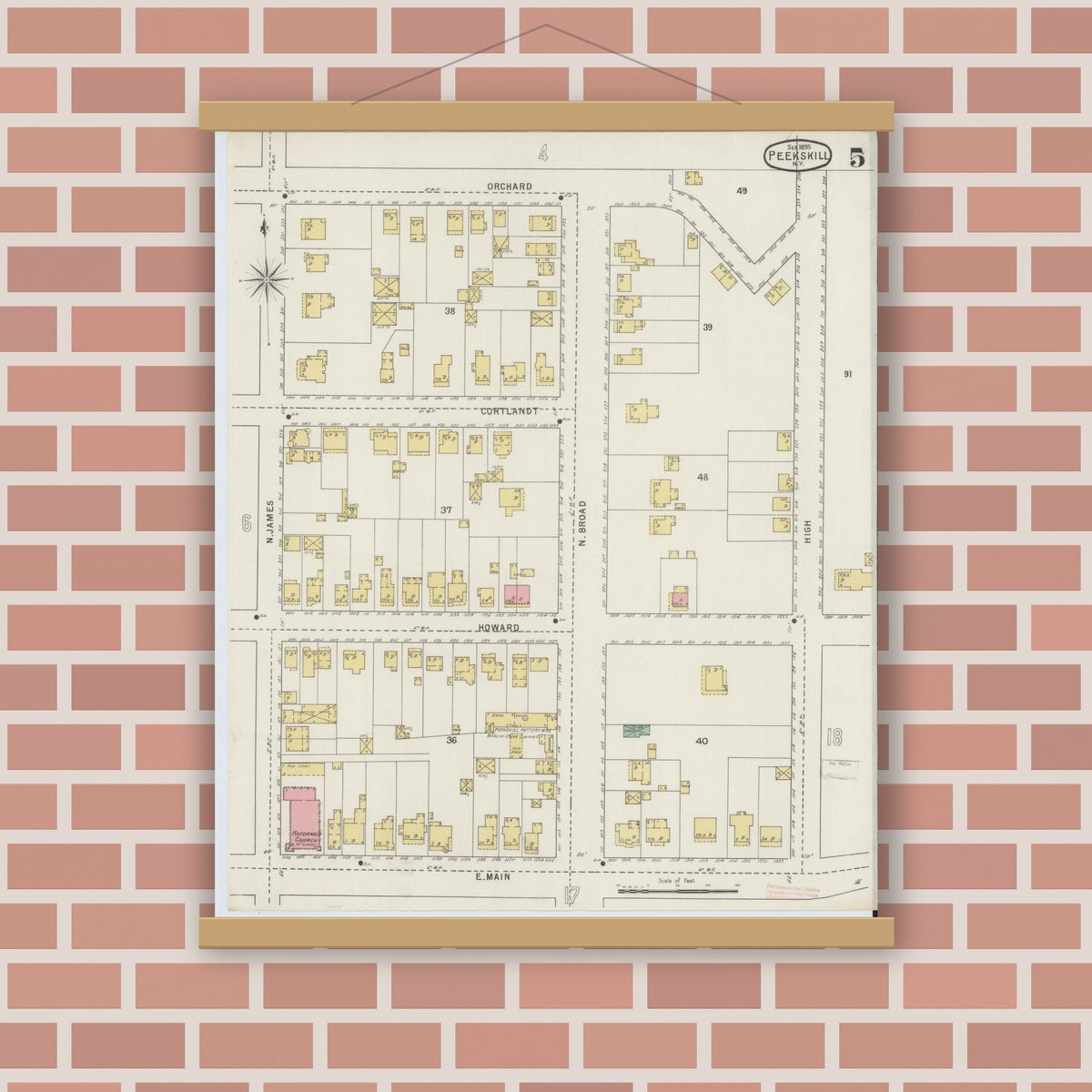 Old map wall art mockup — magnetic wood frame on brick wall — Sanborn Fire Insurance Map from Peekskill, Westchester County, New York (1895), Sheet #0005