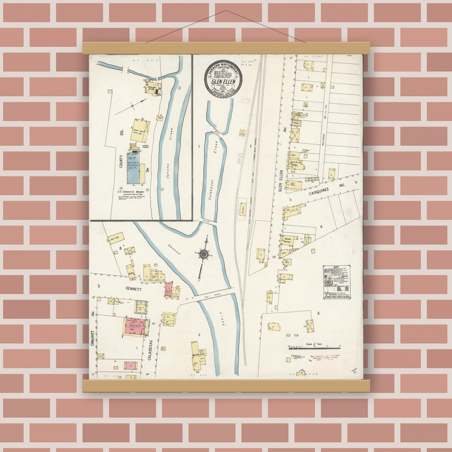 Old map wall art mockup — magnetic wood frame on brick wall — Sanborn Fire Insurance Map from Glen Ellen, Sonoma County, California (1911), Sheet #0001