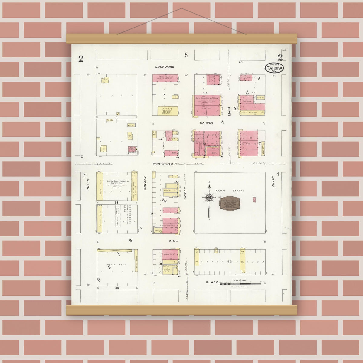 Old map wall art mockup — magnetic wood frame on brick wall — Sanborn Fire Insurance Map from Tahoka, Lynn County, Texas (1925), Sheet #0002