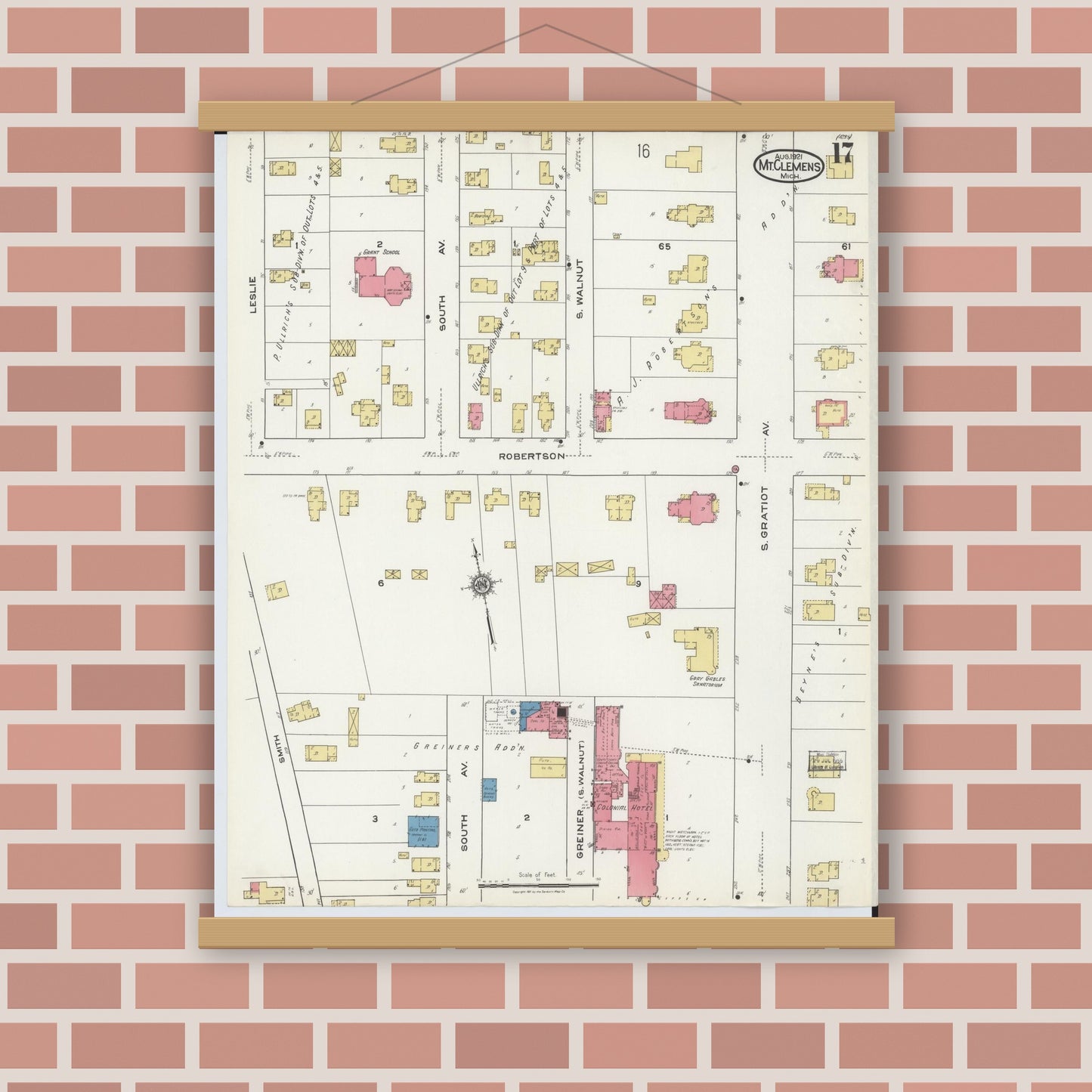 Old map wall art mockup — magnetic wood frame on brick wall — Sanborn Fire Insurance Map from Mount Clemens, Macomb County, Michigan (1921), Sheet #0017