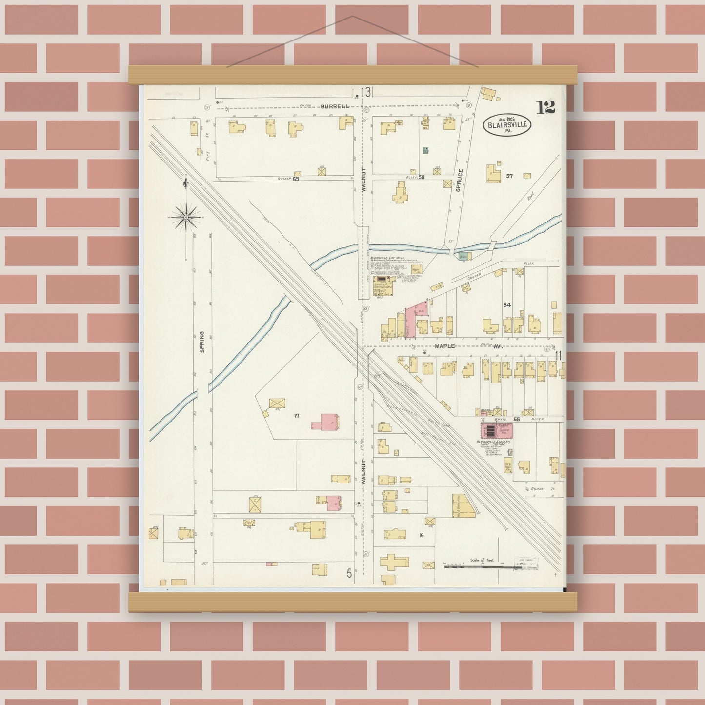 Old map wall art mockup — magnetic wood frame on brick wall — Sanborn Fire Insurance Map from Blairsville, Indiana County, Pennsylvania (1903), Sheet #0012