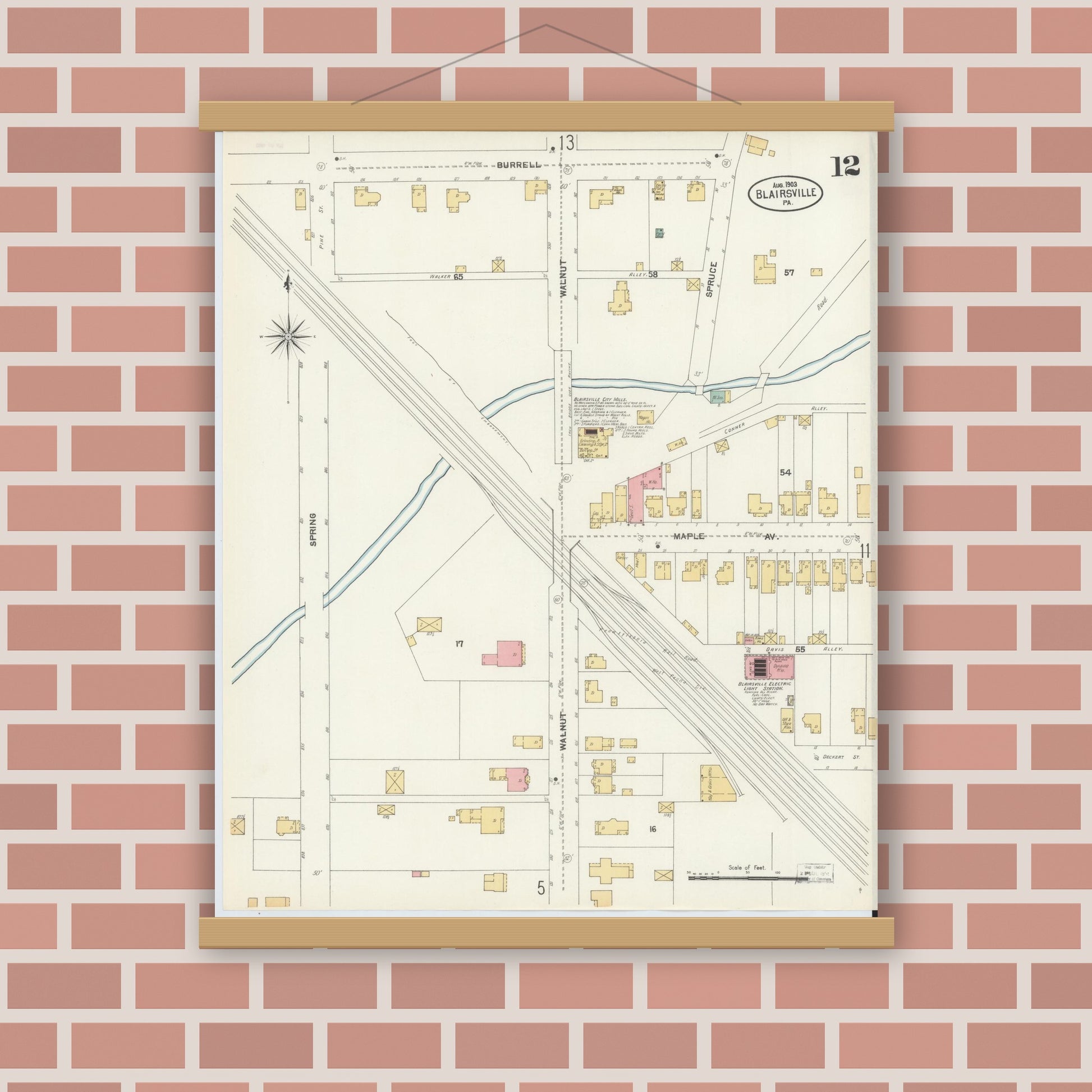 Old map wall art mockup — magnetic wood frame on brick wall — Sanborn Fire Insurance Map from Blairsville, Indiana County, Pennsylvania (1903), Sheet #0012