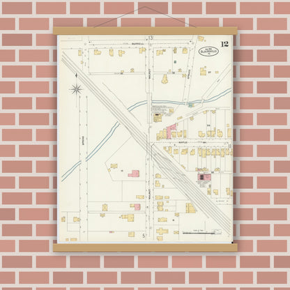 Old map wall art mockup — magnetic wood frame on brick wall — Sanborn Fire Insurance Map from Blairsville, Indiana County, Pennsylvania (1903), Sheet #0012