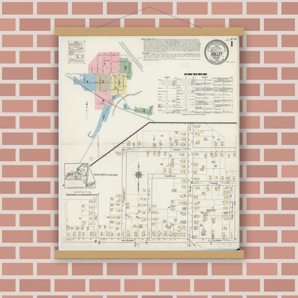 Old map wall art mockup — magnetic wood frame on brick wall — Sanborn Fire Insurance Map from Holley, Orleans County, New York (1914) - Complete Map Set