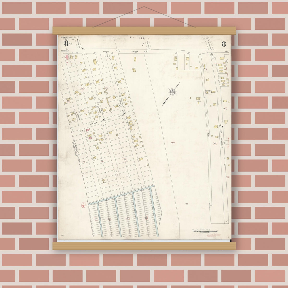 Old map wall art mockup — magnetic wood frame on brick wall — Sanborn Fire Insurance Map from Northfield, Atlantic County, New Jersey (1942), Sheet #0008