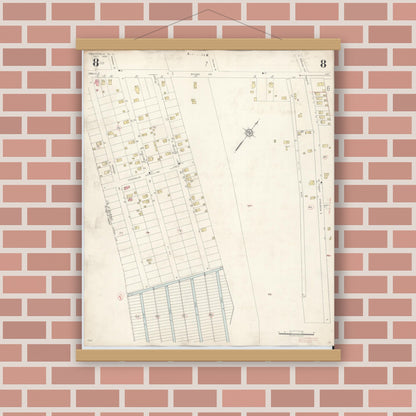 Old map wall art mockup — magnetic wood frame on brick wall — Sanborn Fire Insurance Map from Northfield, Atlantic County, New Jersey (1942), Sheet #0008