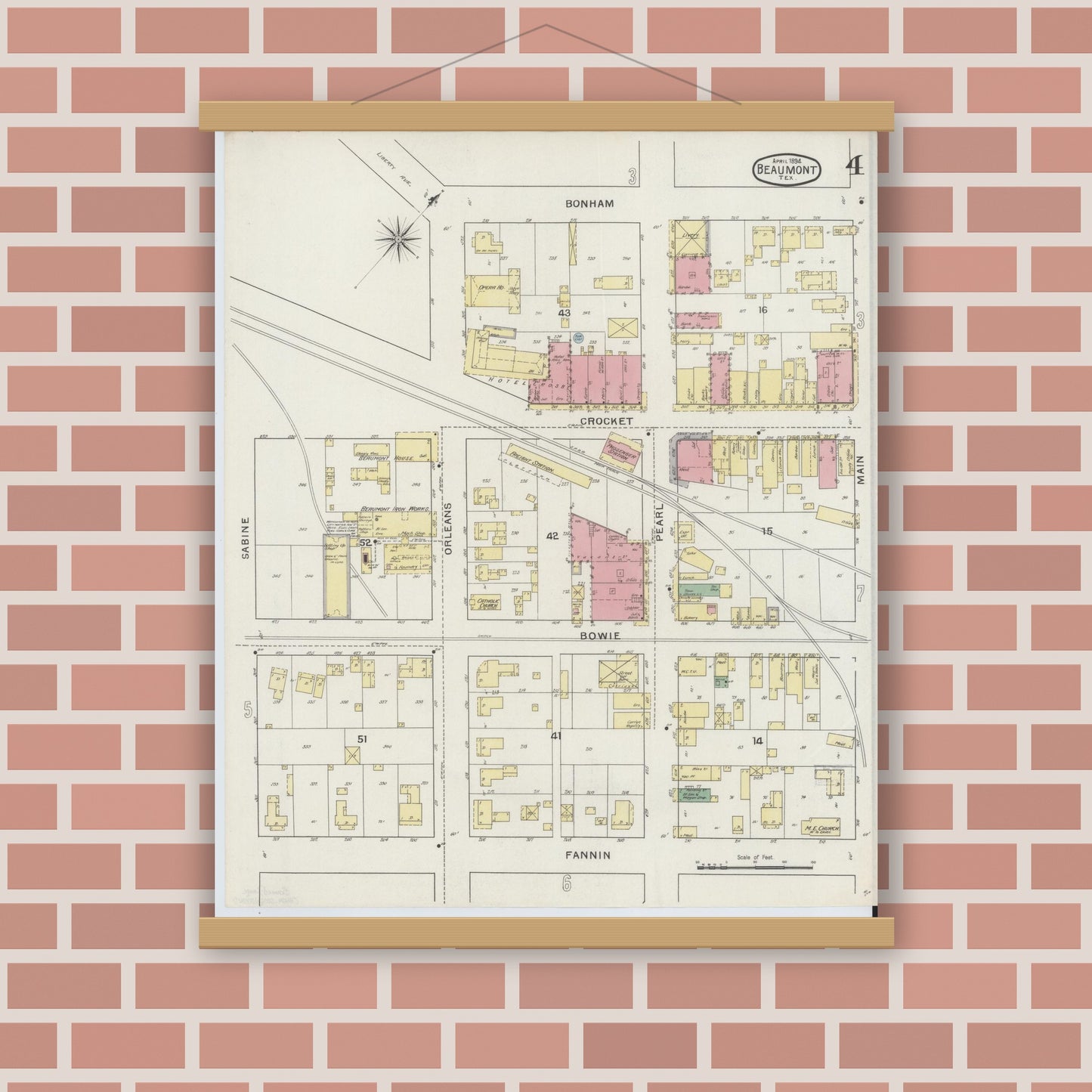 Old map wall art mockup — magnetic wood frame on brick wall — Sanborn Fire Insurance Map from Beaumont, Jefferson County, Texas (1894), Sheet #0004