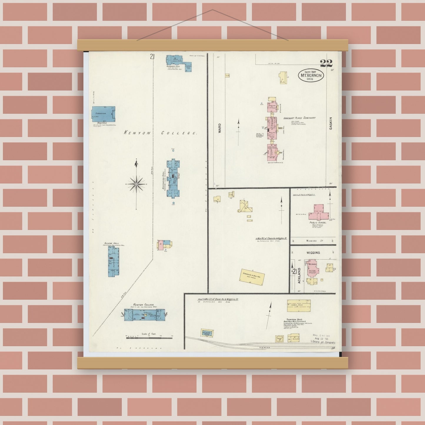 Old map wall art mockup — magnetic wood frame on brick wall — Sanborn Fire Insurance Map from Mount Vernon, Knox County, Ohio (1907), Sheet #0022